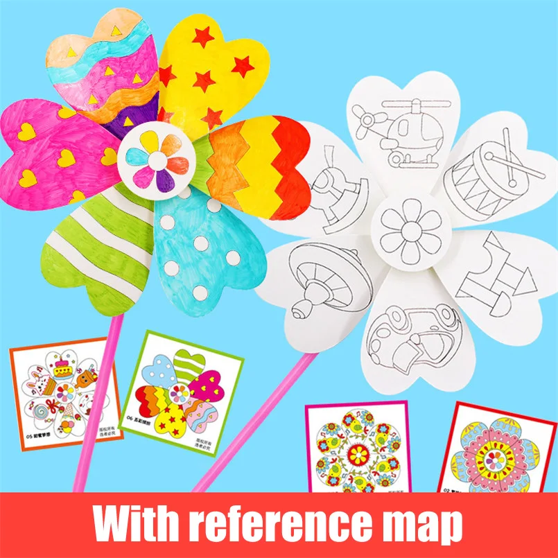 4Pcs/set Cartoon DIY Graffiti Windmill Fill-color Drawing Toy Kids Handmade Paper Wind Spinner Painting Toys For Children Girls