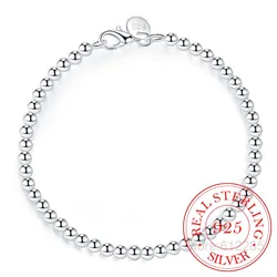 Pulsera de plata de ley 100% 925 auténtica para mujer, brazalete con cuentas de 4mm, 20cm, joyería fina