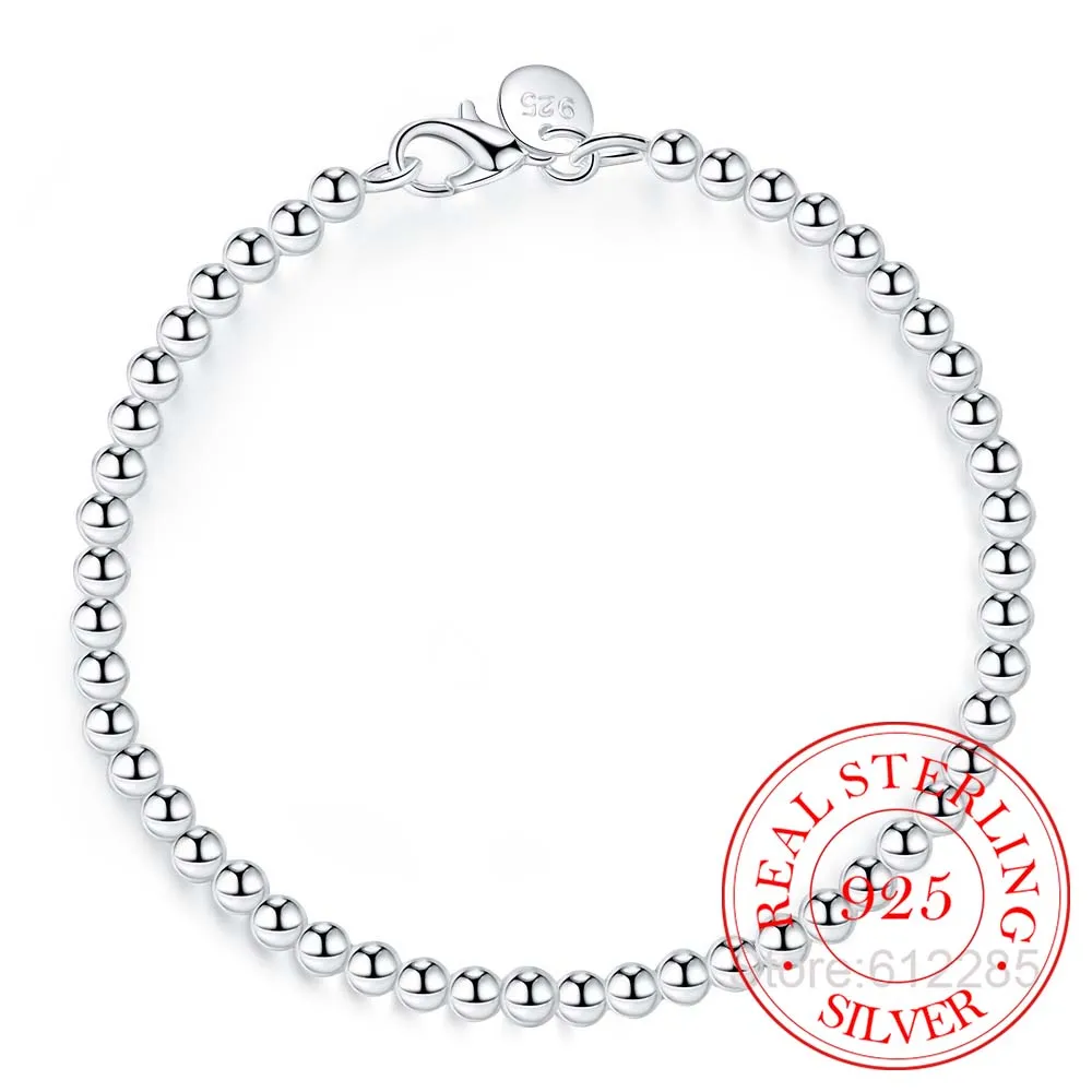 100% 925 solidna prawdziwe srebro moda 4mm koraliki łańcuch bransoletka 20cm dla nastoletnie dziewczyny Lady prezent kobiety biżuterii asewefj
