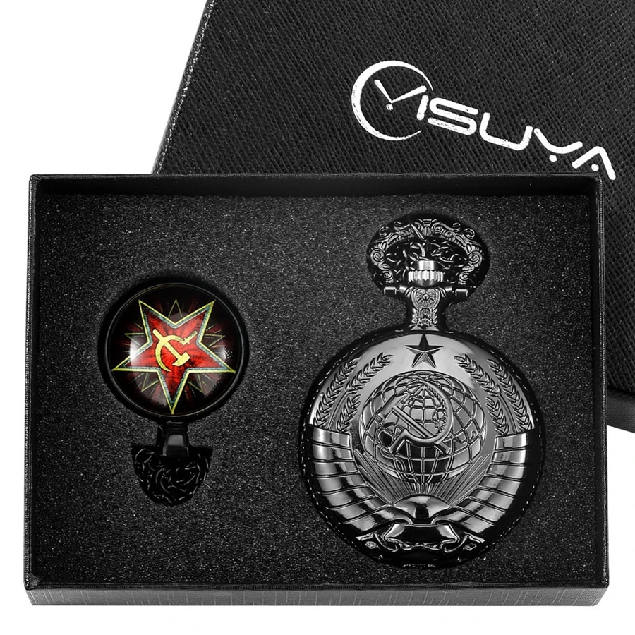 

4pcs/set CCCP Russia Soviet Union Russian Flag Hammer Badges Sickle Pocket Watch Gifts Sets USSR Necklace Chain Pendant Gifts