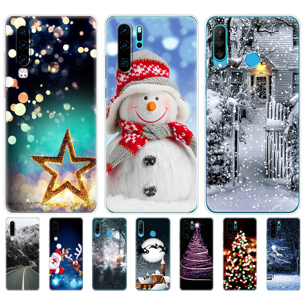 For Huawei P30 Case Huawei P30 Lite Back Phone Cover For Huawei P30 Pro VOG-L29 ELE-L29 Bag winter christmas snow tree new year