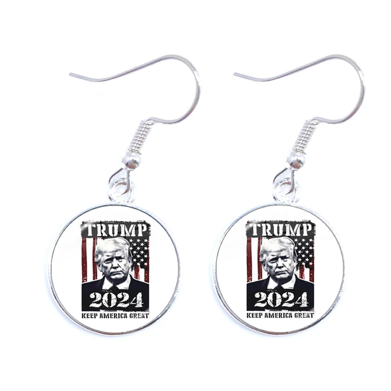 Trump 2024 Earrings USA Election Collection 16mm Glass Cabochon Silver Plated Drop Earrings Jewelry For Women Girl Support Trump