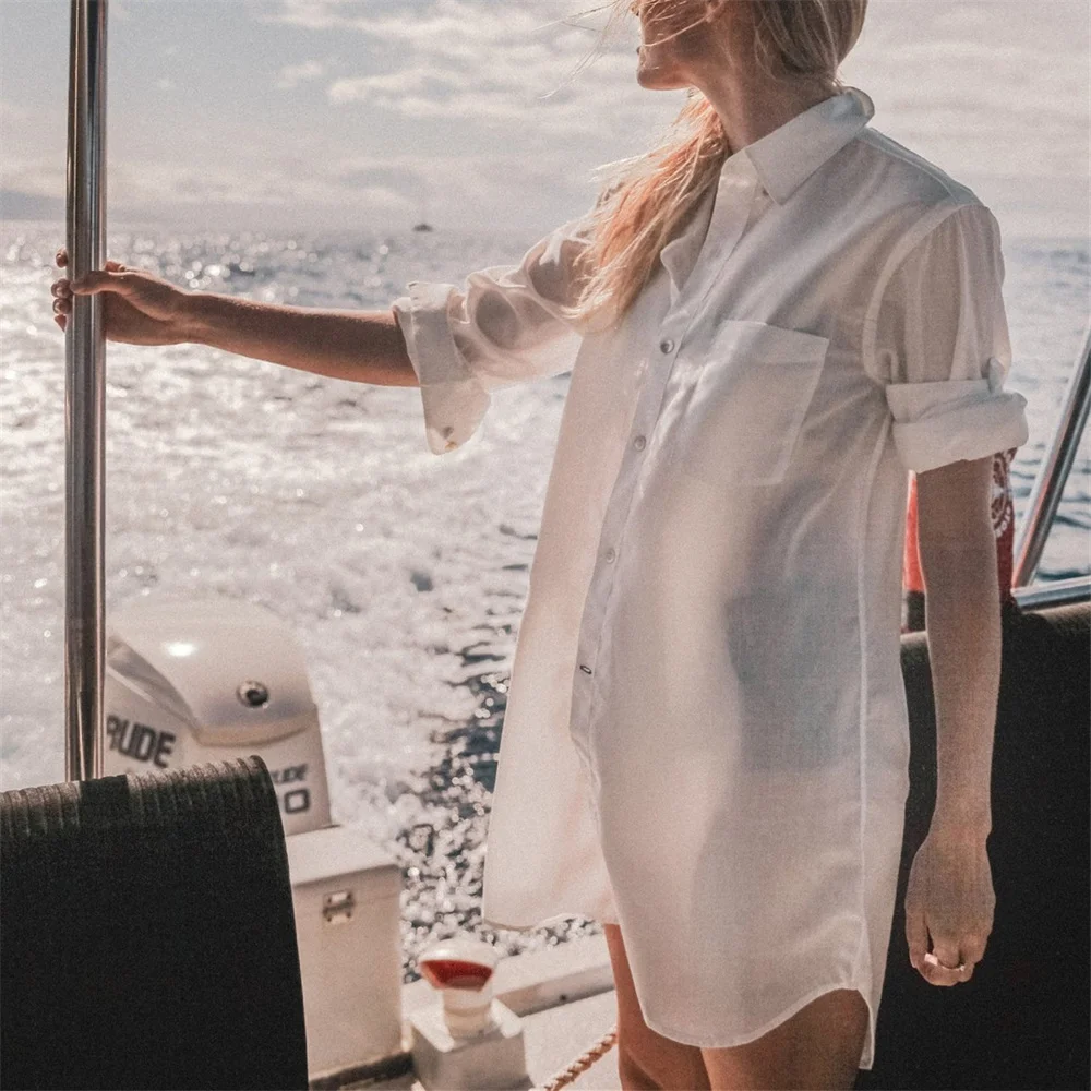 

Cover Up Blouse Top Swimwear Women Tunics Chiffon Cardigan Long Sleeve Loose Beach Wear Dress Shirt купальники женские 2021