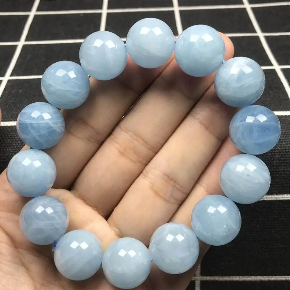 15mm Natural Blue Aquamarine Bracelet For Women Lady Man Reiki Rare Round Beads Crystal Healing Gemstone Wealth Jewelry AAAAA