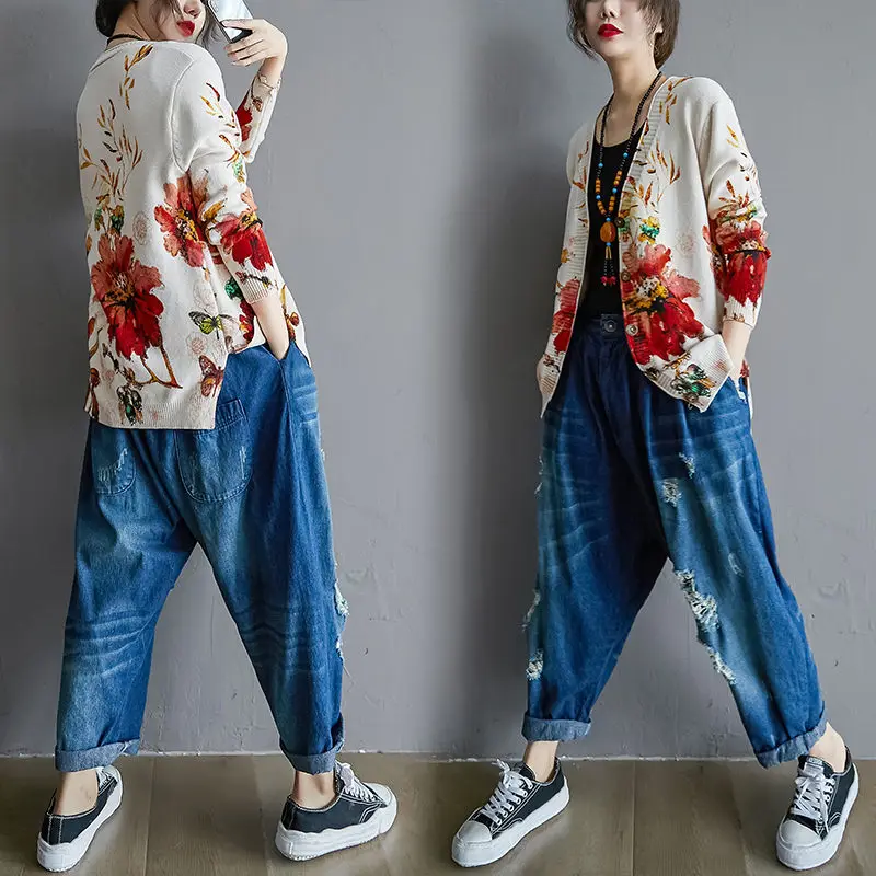 Sweter lengan panjang populer kasual wanita, jaket musim gugur sweter lengan panjang netral kasual mantel ukuran besar longgar kardigan rajut motif Retro sastra wanita R75