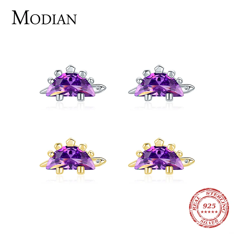 Modian 925 Sterling Silver Enamel Stegosaurus Stud Earrings Cute Purple Crystal Dinosaur Earring for Women & Girls Fine Jewelry