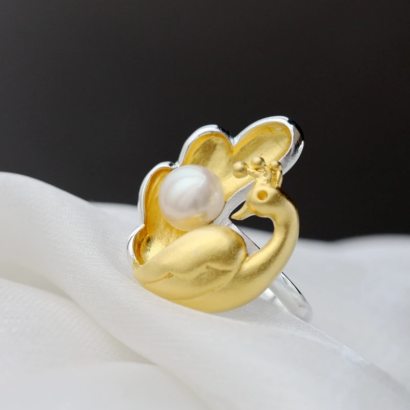 

Real 925 Sterling Silver Rings Inlaid Natural Freshwater Pearl 18K Gold Plated Peafowl Fashion Women Opening Adjustable Ring