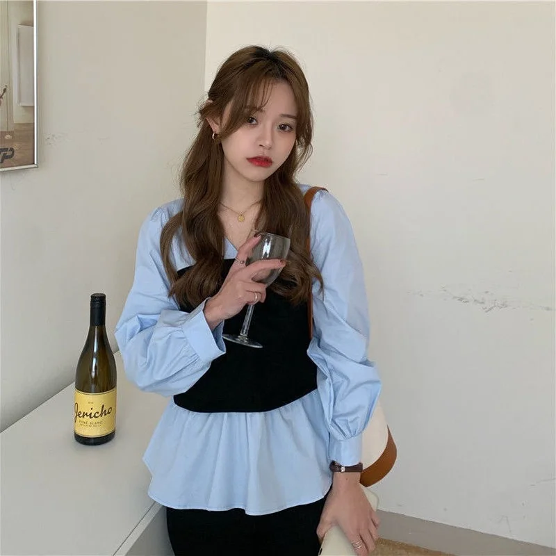 Fake Two Pieces Blouses Women Elegant All-match Spring New Leisure Design V-neck Schoolgirls Daily Korean Style Tops Ins Trendy