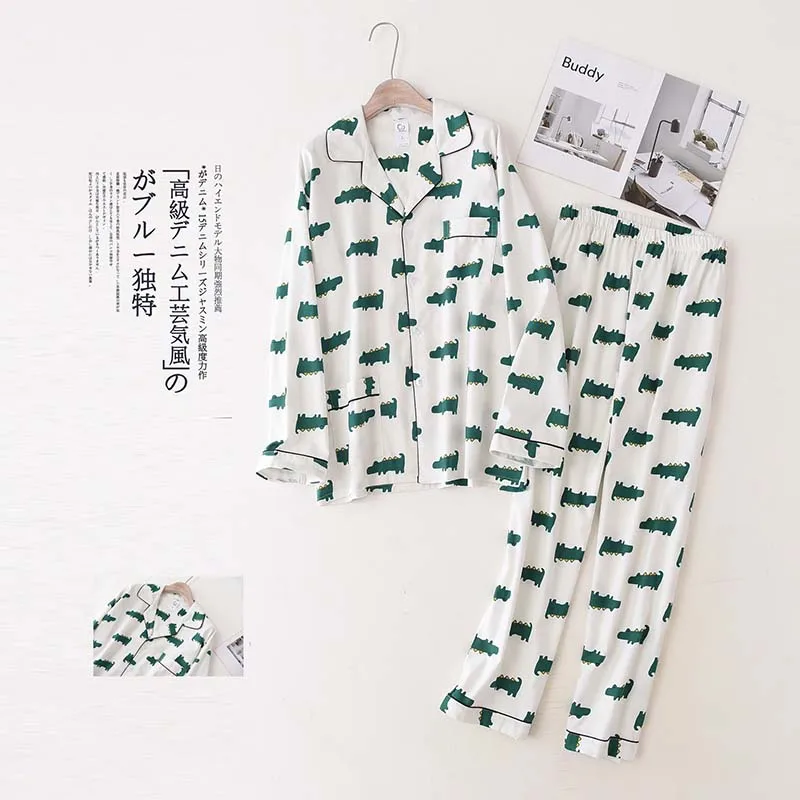 Best Selling Men\'s Pajamas Set Spring And Autumn Fresh Style Long Sleeve+Pants Full Cotton Comfort Homewear Loose Casual Wear