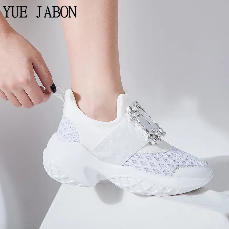 Hot Crystal Square Buckle Air Mesh Sneakers Women Leather Platform Thick bottom Flat Breathe Shoes Casual Shoes For Women