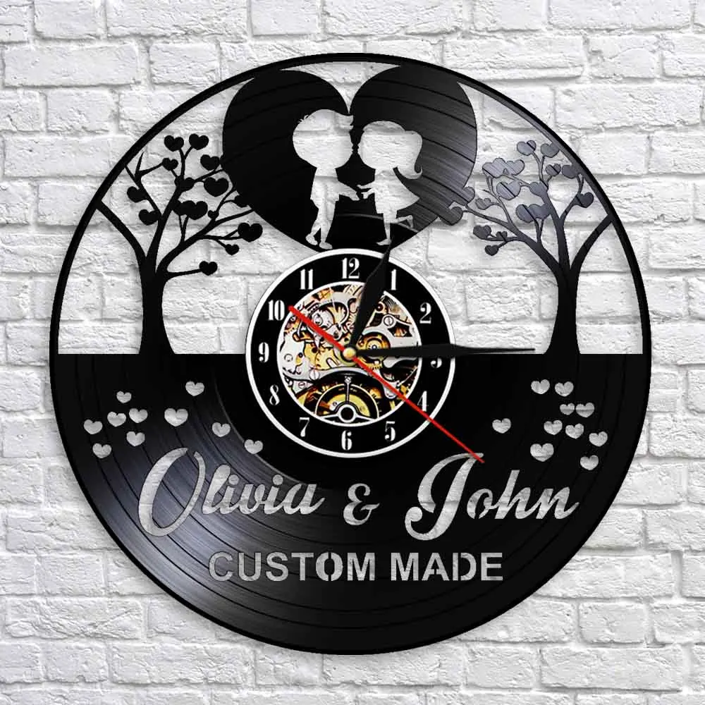 Tree Of Love 3D Wall Clock Personality Custom Names Wedding Decorative Vinyl Record Wall Clock Watches Modern Design For Bedroom