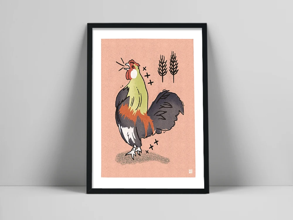 Rooster Art Print, Mid Century Wall Art, Chicken Art Print, Scandinavian Art Print, Colorful Kitchen Art, Folk Art, 60s Art