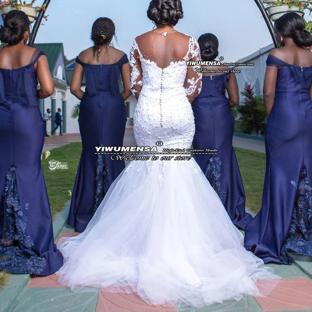 Tiếng Ả Rập Aso Ebi Nàng Tiên Cá Váy Cưới Full Tay Cổ Tròn Dây De Hôn Nhân Cô Dâu Càn Quét Tàu Nude Voan Phối Ren Đính Hạt cô Dâu Đồ Bầu