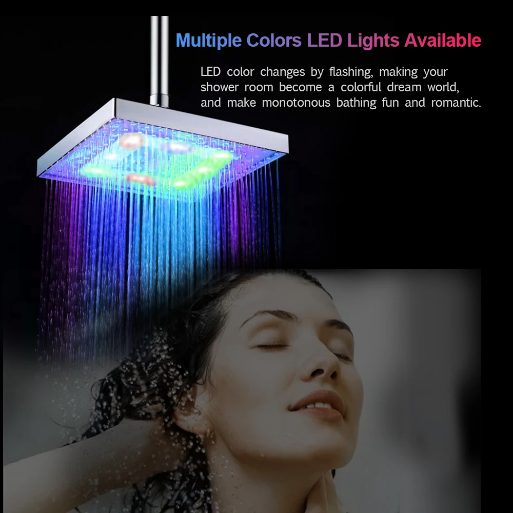 Cabezal de ducha LED cuadrado de lluvia, accesorios de baño de 8 pulgadas, RGB/varios colores, cambio automático