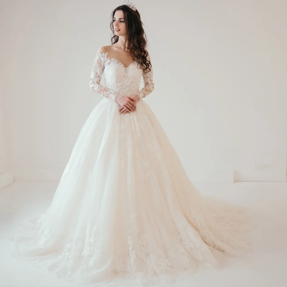 Vestidos de Novia clásicos de manga larga, Vestido de Novia de encaje con cuello transparente, tren de barrido