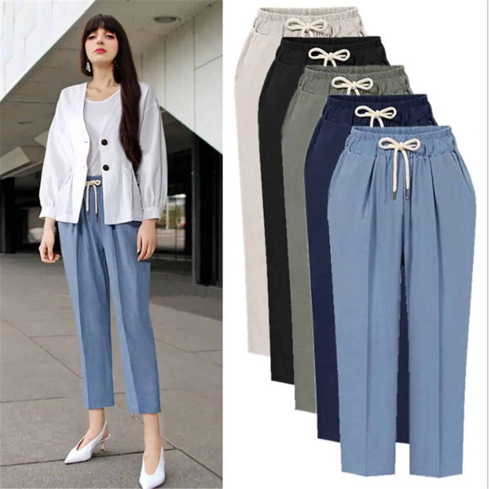 

New elegant women pants spring autumn plus size regular casual harem pants solid high waist pocket drawstring loose trousers 5X