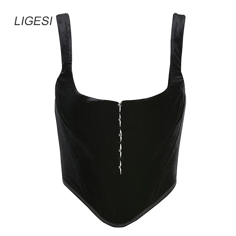 Velvet Fashion Corset Crop Tops Elegant Sleeveless Bustier Straps Cropped Feminino Straps Top Vest Streetwear Black