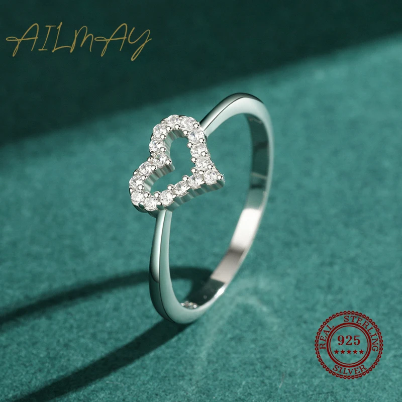 Ailmay Fine Romantic Hollowed Heart 925 Sterling Silver Clear Zircon Finger Ring For Women Wedding Engagement Statement Jewelry