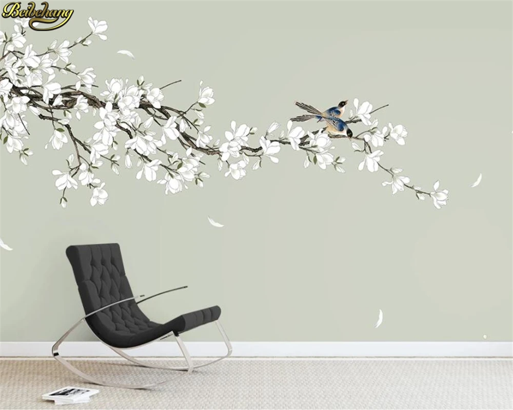 beibehang Custom wall paper mural new Chinese style hand painted flowers and birds filigree Magnolia background 3d wallpaper
