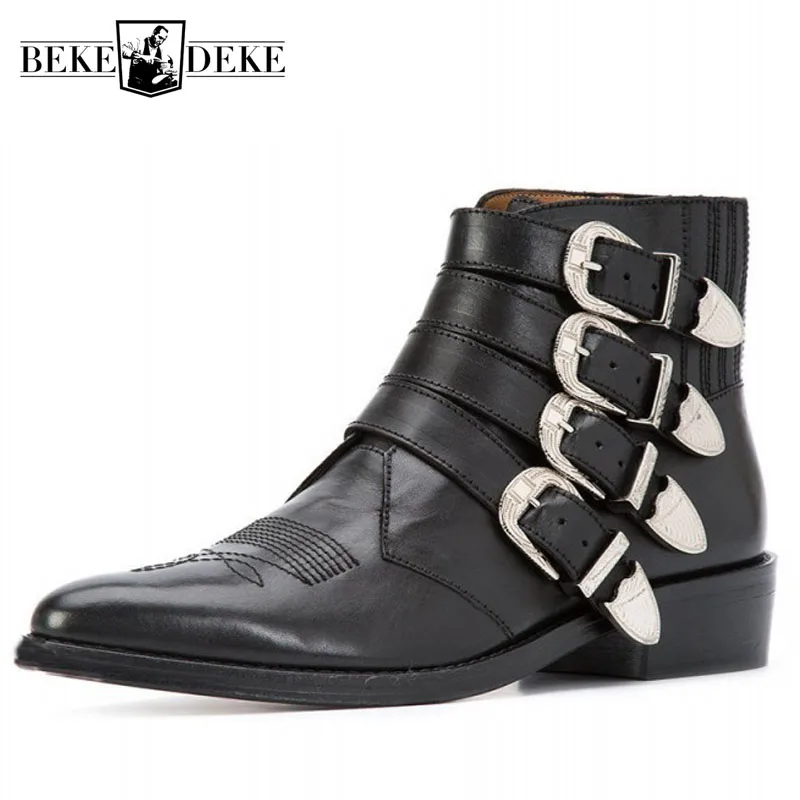 Runway Men Buckle Boots Handmade Cow Leather Cowboy Ankle Boots Shoes Fashions Pointed Toe Punk Motorcycle Boots Black Plus Size