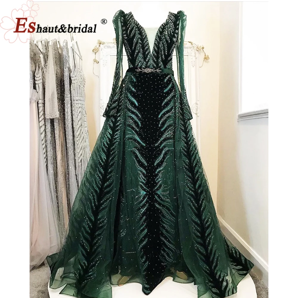 Elegant Mermaid Evening Dresses for Women 2024 V-Neck Long Sleeves Velvet Crystal Formal Wedding Prom Party Gowns Customized