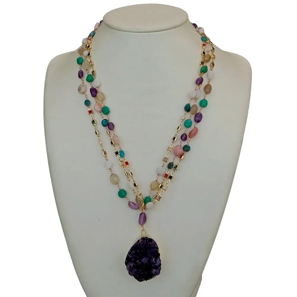 Y·YING Natural Multi Semiprecious Quartzs Rosary Chain Necklace Amethysts Druzy Pendant 23\