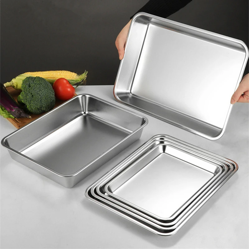 Stainless Steel Food Storage Tray Flat Bottom Trays Fruit Vegetable Plate Kitchen Bread Baking Pan