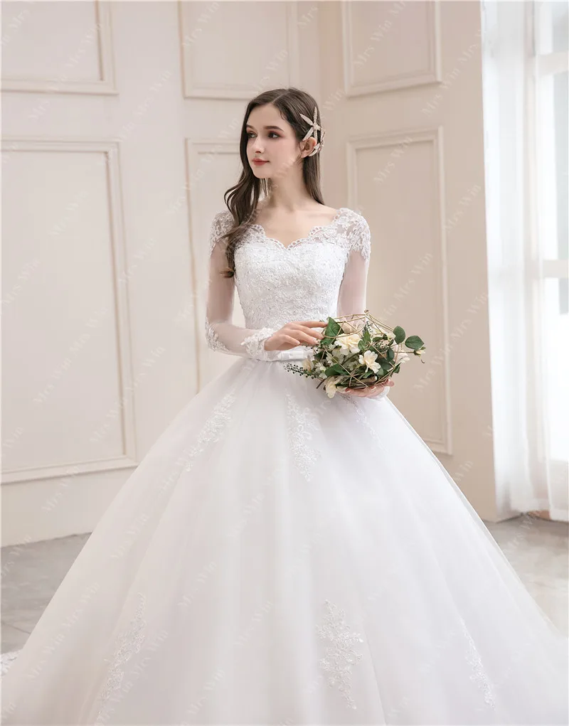 

Wedding Dress 2021 New Luxury Full Sleeve Sexy V-neck Bride With Train Ball Gown Princess Classic Gowns