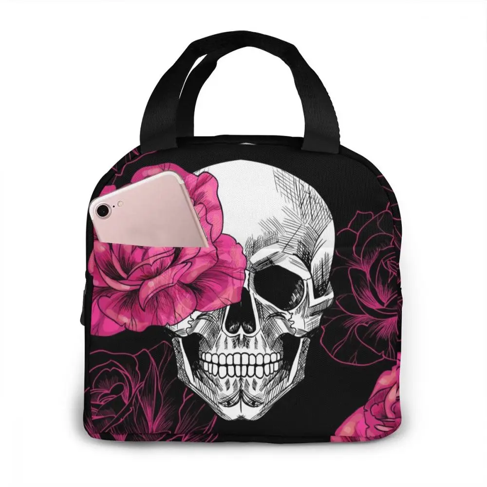 

Portable Lunch Bag Skulls And Roses Thermal Insulated Lunch Box Tote Cooler Bag Bento Pouch Lunch Container Food Storage Bag