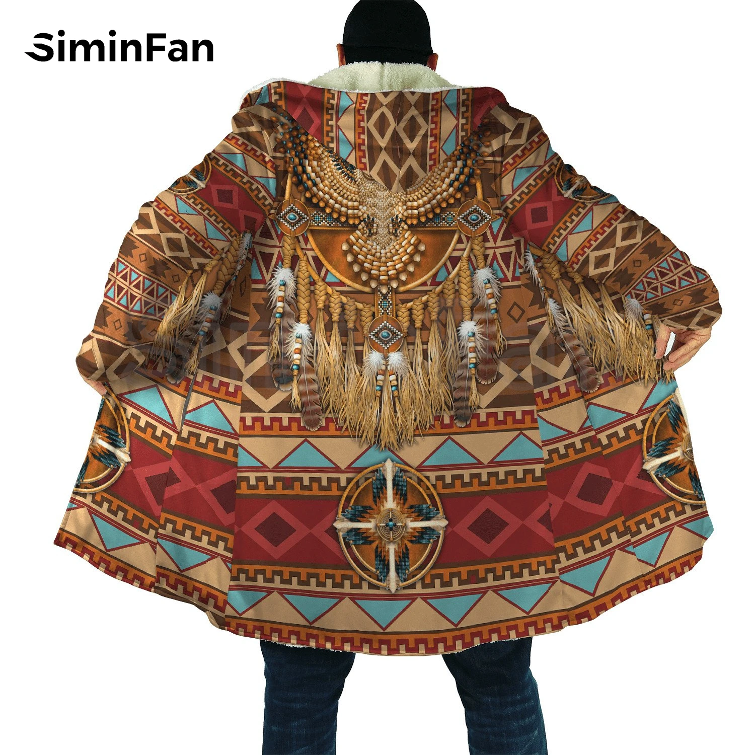 Retro Tribal Eagle Style 3D Print Mens Hooded Cloak Windbreaker Winter Thick Flannel Coat Unisex Casual Cashmere Warm Jacket H7