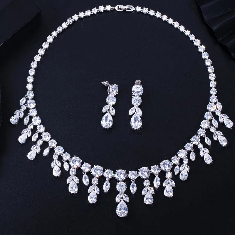 CC Jewelry Sets for Women Necklace Stud Earrings Ring Bracelet 4pcs set Wedding Jewellry Long Tassel Cubic Zircon T0139