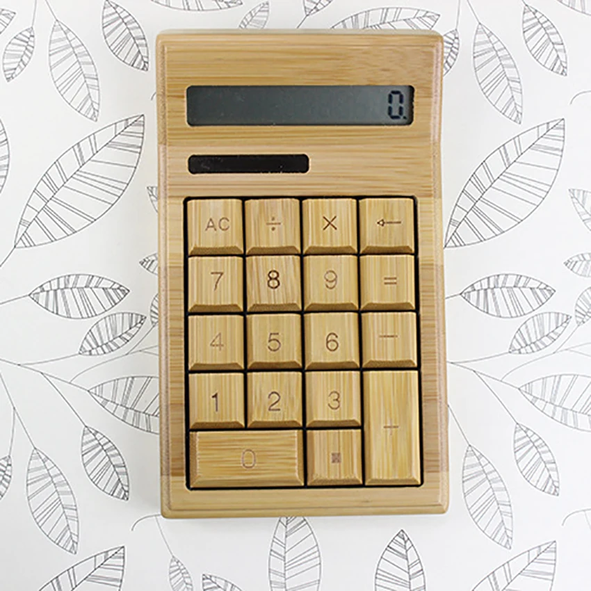 Standard Functional Desktop Bamboo Calculator Solar Battery Electronic Calculator with 12-Digit Large Display for Student Office