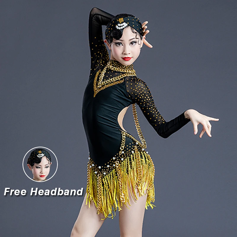 Latin Dance Competition Dress Girls High End Gold Rhinestone Long Sleeves Fringe Dress Cha Cha Rumba Dancer Stage Costume BL6058