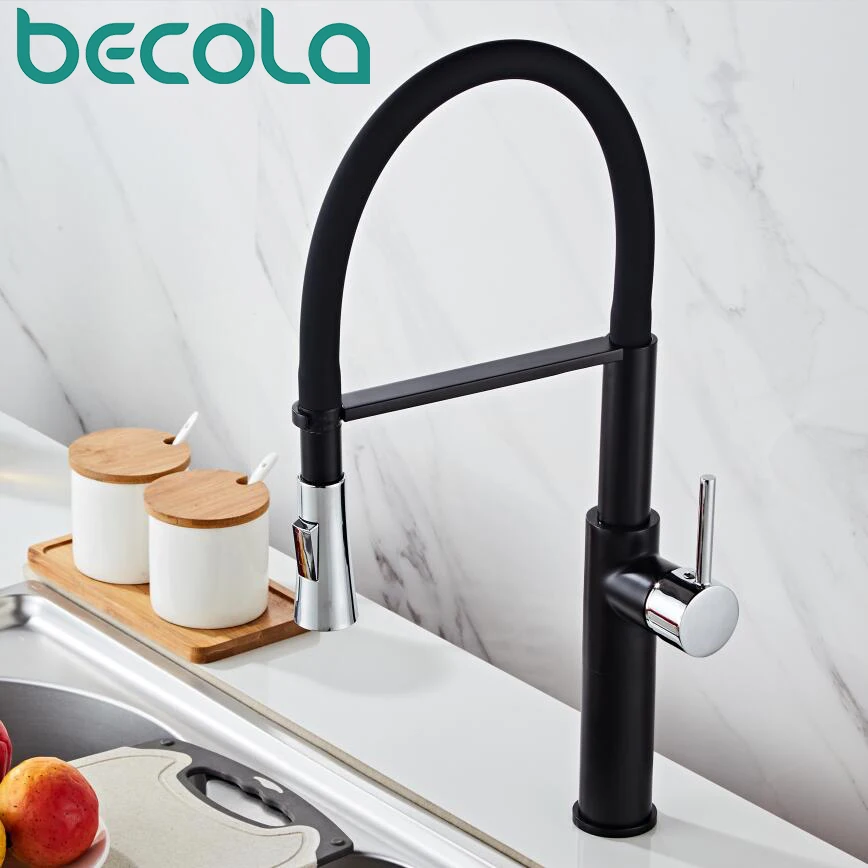 

BECOLA Black Chrome Finish Kitchen Faucet Deck Mount Pull Sprayer Nozzle Hot & Cold Water Kitchen Sink Faucet Mixer Taps