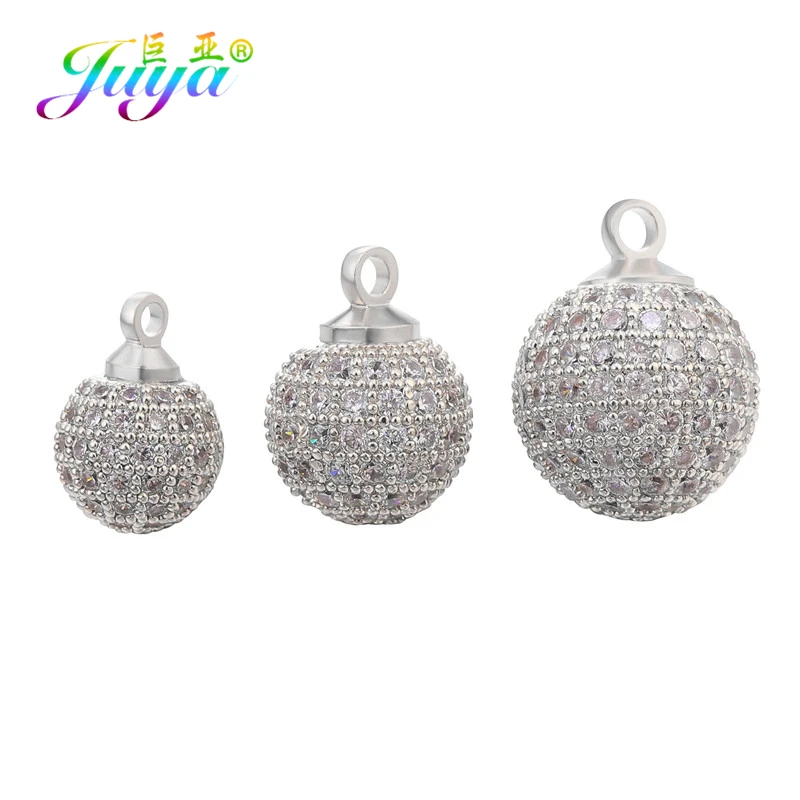 Juya 4pcs/Lot Wholesale 8 10 12mm Cubic Zirconia Metal Ball Bead Charms Pendant For DIY Bracelet Earring Jewelry Making Findings