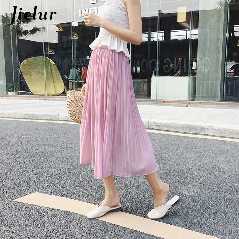 Jielur Skirt Women Solid Color Elastic Waist Pleated  Chiffon Skirts  A-line Female Jupe Black Tutu Skirts Faldas Mujer Moda