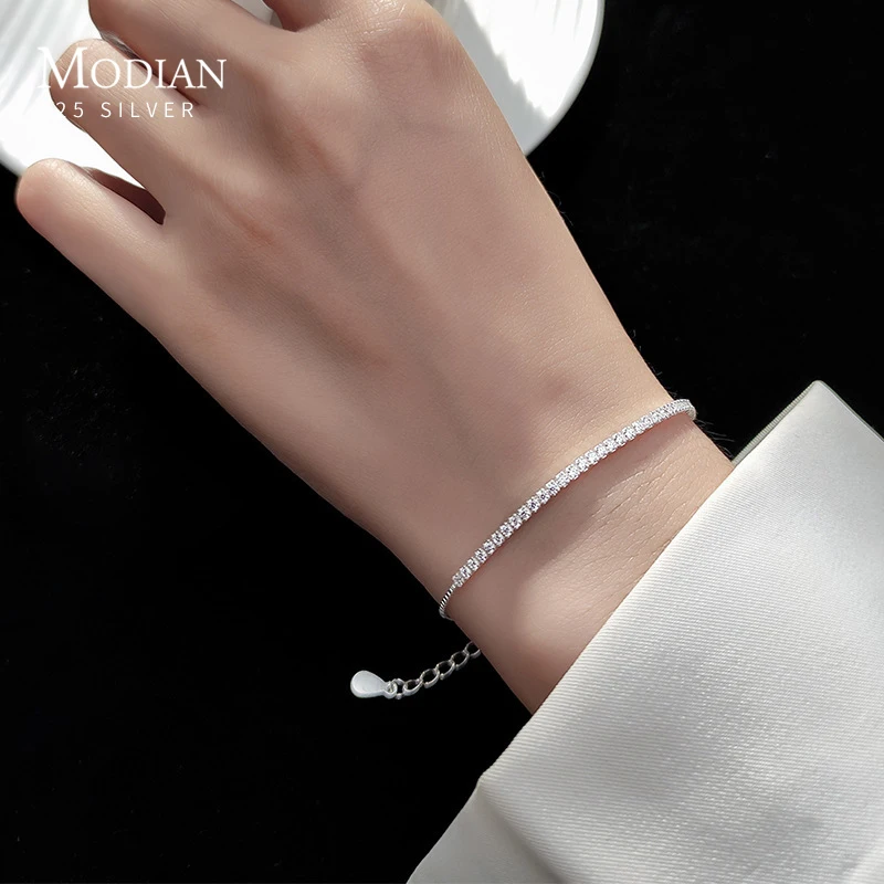 MODIAN 925 Sterling Silver Clear CZ Twinkling Exquisite Zirconia Adjustable Bracelet Chain for Women Wedding Fine Jewelry Gifts