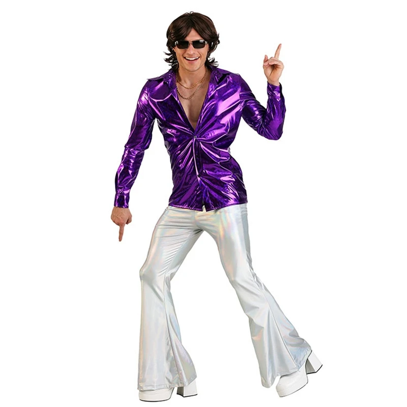 Halloween Hippies Costume for Adult Kids Vintage 1970s Disco Stage Performance Dancing Purple Shirt Singer Cosplay Carnival