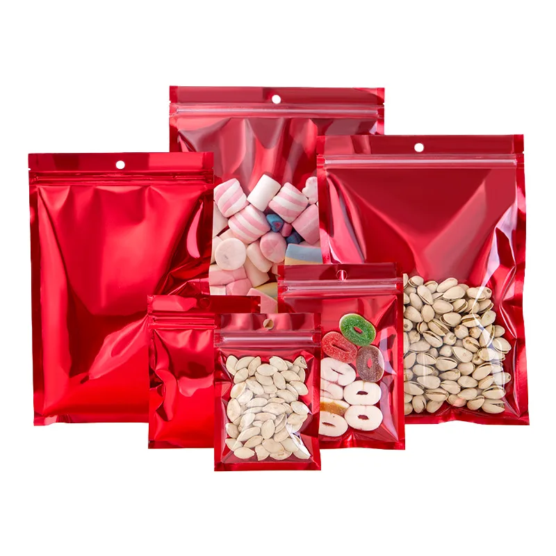 

1000Pcs Red Resealable Smell Proof Flat Ziplock Bag Clear Front Hang Hole Aluminum Foil Pouch Bag For Party Favor Food Storage