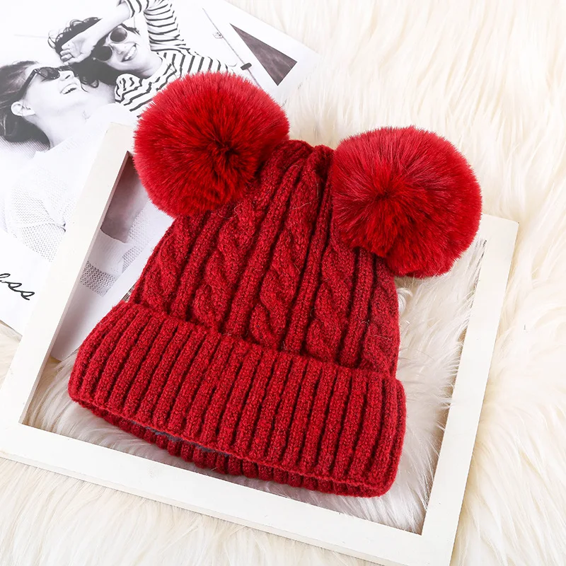 New Warm Knitted Women\'s Hat Striped Winter Hats For Men Double Fur Pompom Wool Beanies Thick Skullies Cap faux Pompom Hat Femme