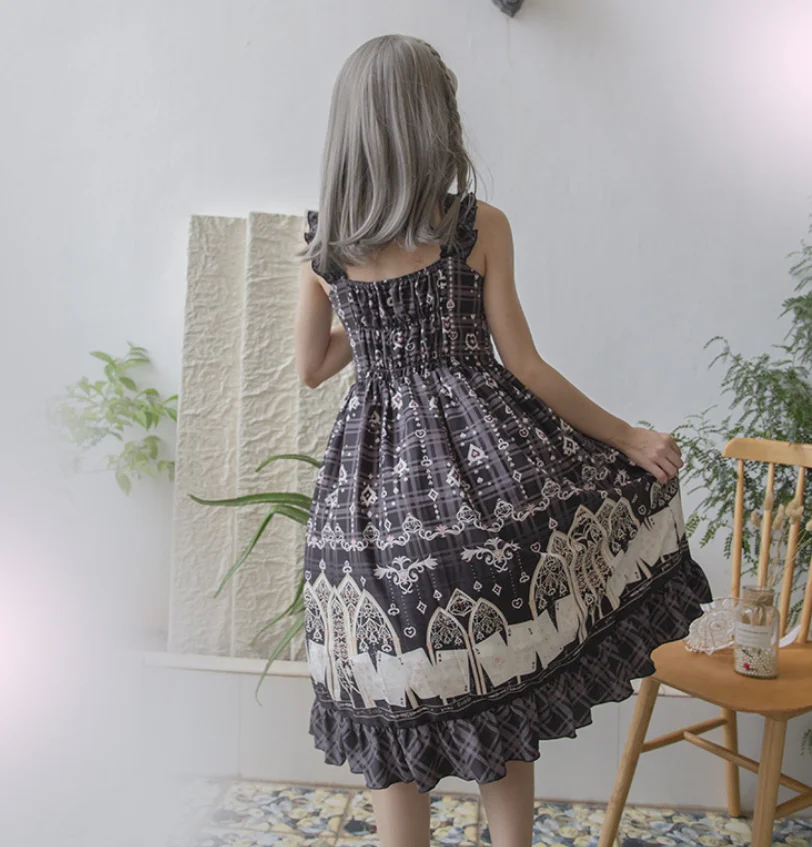 Robe à bretelles vintage lolita cos loli pour fille, tenue de princesse victorienne, taille haute, imprimée avec nœud papillon, style gothique, mignon, kawaii