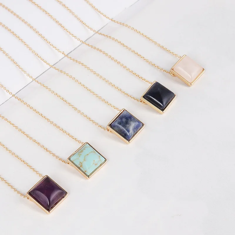 Blue Pink Quartz Kallaite Necklace Square Natural Stone Pendant Gold  Necklaces Geometric Accessories Jewelry