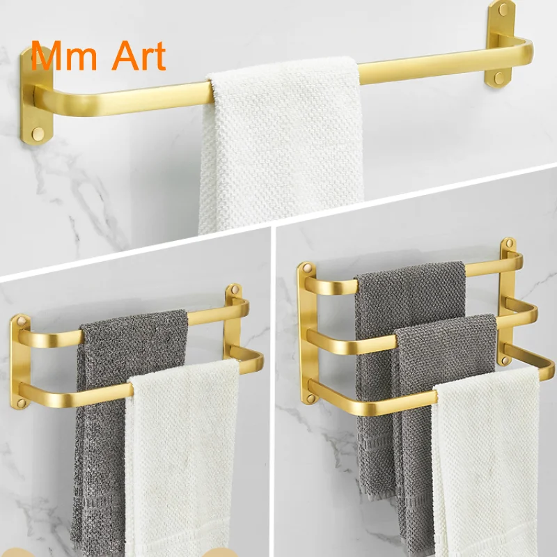 

Brushed Golden Bathroom Towel Rack Double Rod Bathroom Hanger Three-Layer Towel Hanging Rod Light Luxury Punch-Free Wall-Mounted