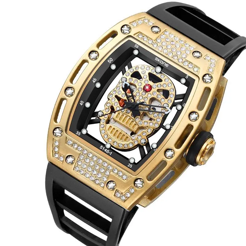 New Fashion Hollow Skull Watch Men Tonneau Quartz Diamond Wristwatch Silicone Strap Outdoor Sports Clock Military Relogio Montre