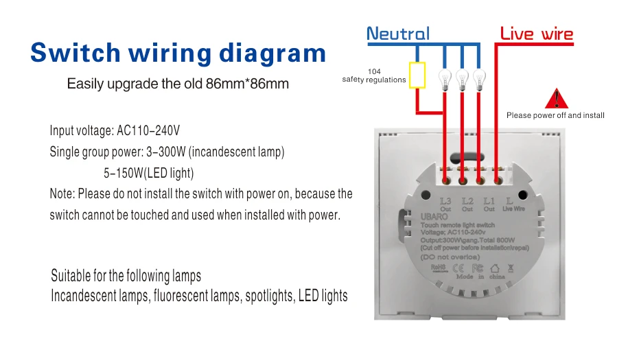 UBARO EU-Standard Touch-Schalter mit Gehärtetem Glaspanel, 1-fach Wandlichtschalter AC110-240V für Zuhause, Kein Neutralleiter Erforderlich – Detail 4