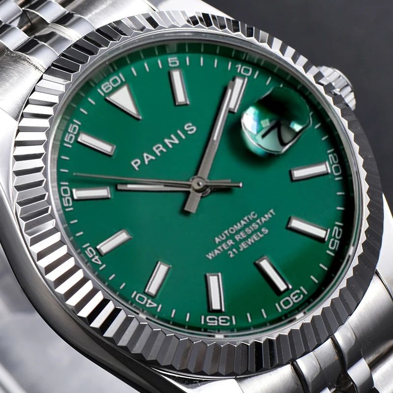 

Новые роскошные мужские часы Parnis с зеленым циферблатом 39,5 мм, календарь Miyota 8215, автоматические механические наручные часы для мужчин, подарок