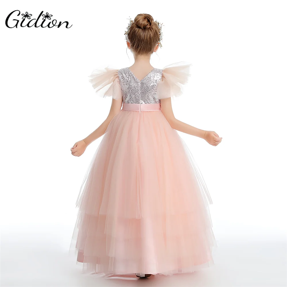 Peal Pink Ruffles Flower Girls Dresses for Weddings Party Kids Baby Birthday Gowns Little Princess Pageant Gowns Tiered Skirts