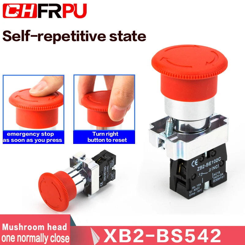 22mm XB2 Series Emergency Stop Button switch NO/NC 10A/415V red mushroom head emergency stop button switch