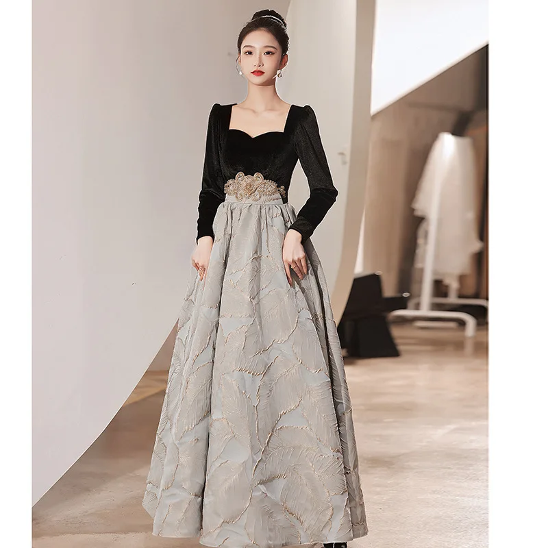 

Women Velour Long A-line Prom Dresses Elegant Formal Square Neck Long Sleeve Evening Dress Princess Party Gowns