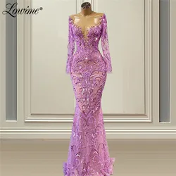 Lowime Illusion Lace Purple Mermaid Arabic Evening Dresses Long Sleeves Dubai Beaded Muslim Formal Prom Gown Women Wedding Party